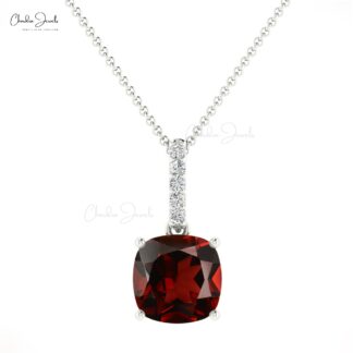 Solid 14k Gold Dangle Pendant With 6mm Cushion Red Garnet Diamond Bar Unique Pendant