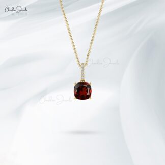 Solid 14k Gold Dangle Pendant With 6mm Cushion Red Garnet Diamond Bar Unique Pendant