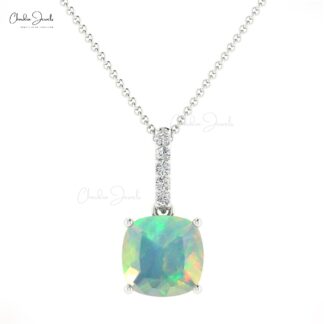 Dainty Diamond Pendant With 6mm Fire Opal 14k Real Gold Dangling Pendant For Her