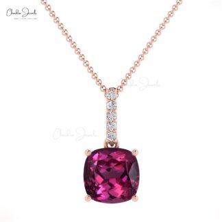 AAA Rhodolite Garnet 6mm Gemstone And Diamond Dangle Pendant In 14k Gold Fine Jewelry