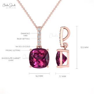 AAA Rhodolite Garnet 6mm Gemstone And Diamond Dangle Pendant In 14k Gold Fine Jewelry