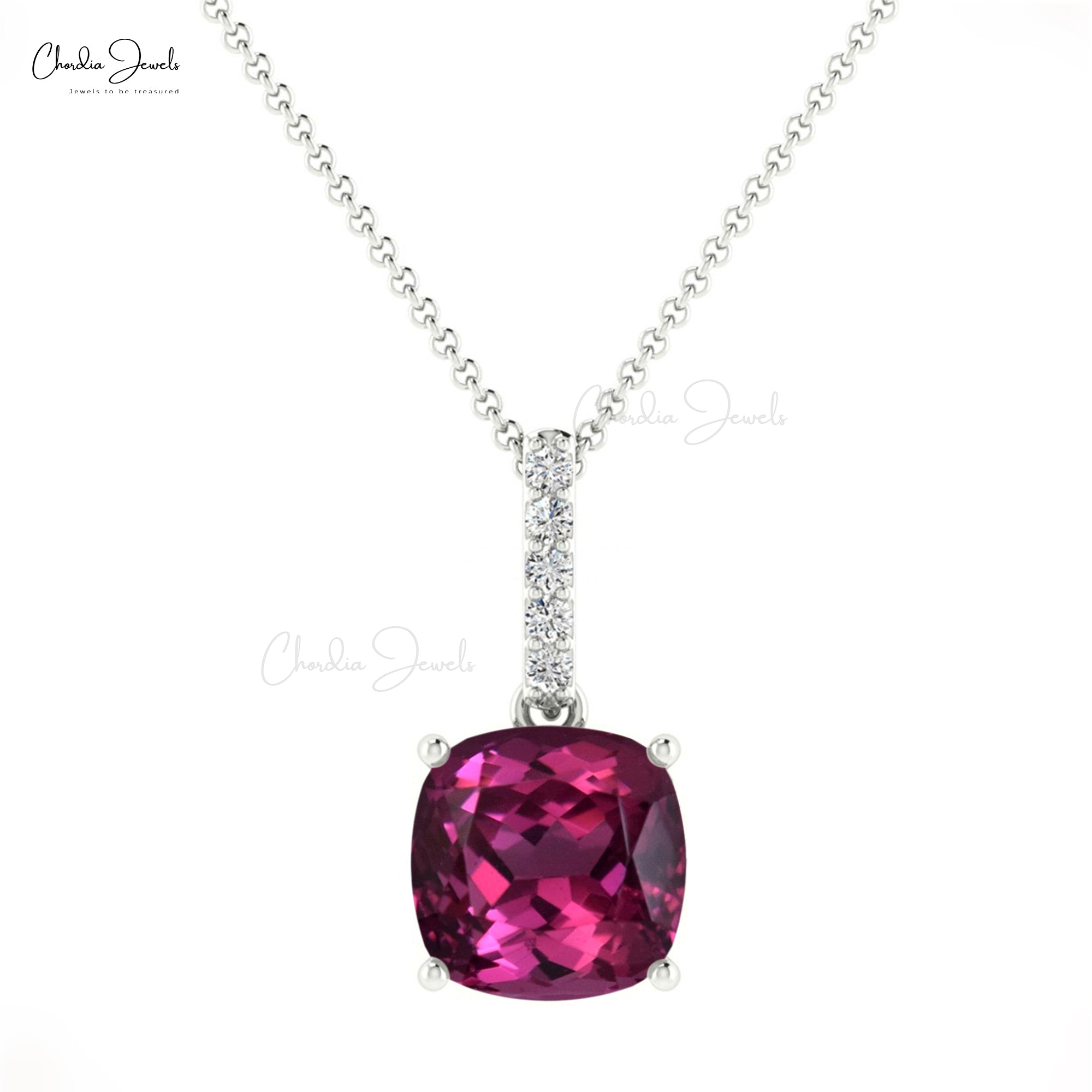 AAA Rhodolite Garnet 6mm Gemstone And Diamond Dangle Pendant In 14k Gold Fine Jewelry