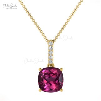 AAA Rhodolite Garnet 6mm Gemstone And Diamond Dangle Pendant In 14k Gold Fine Jewelry