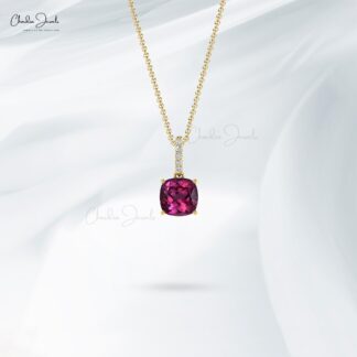 AAA Rhodolite Garnet 6mm Gemstone And Diamond Dangle Pendant In 14k Gold Fine Jewelry