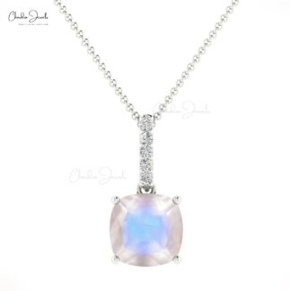 Dangling Gemstone Pendant With 6mm Moonstone And Pave Diamond 14k Gold Pendant