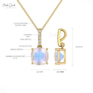 Dangling Gemstone Pendant With 6mm Moonstone And Pave Diamond 14k Gold Pendant