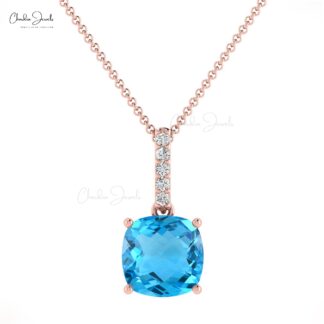 Dangle Dual Birthstone Charm In 14k Real Gold Swiss Blue Topaz And Diamond Pendant
