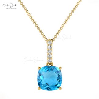 Dangle Dual Birthstone Charm In 14k Real Gold Swiss Blue Topaz And Diamond Pendant