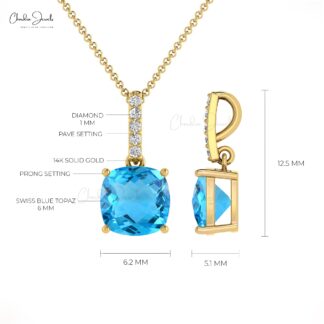 Dangle Dual Birthstone Charm In 14k Real Gold Swiss Blue Topaz And Diamond Pendant