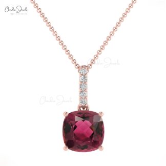 Cushion Cut Dangle Charm in 14k Real Gold With 1.4 Ct Pink Tourmaline Diamond Necklace