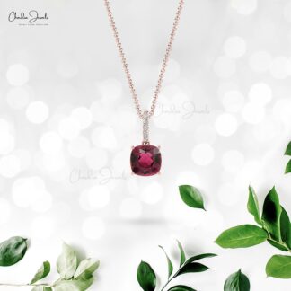Cushion Cut Dangle Charm in 14k Real Gold With 1.4 Ct Pink Tourmaline Diamond Necklace