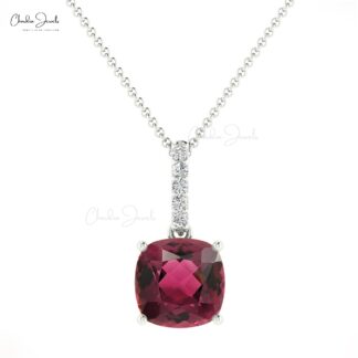 Cushion Cut Dangle Charm in 14k Real Gold With 1.4 Ct Pink Tourmaline Diamond Necklace