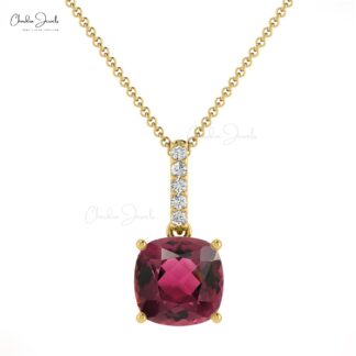 Cushion Cut Dangle Charm in 14k Real Gold With 1.4 Ct Pink Tourmaline Diamond Necklace
