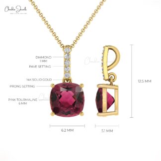 Cushion Cut Dangle Charm in 14k Real Gold With 1.4 Ct Pink Tourmaline Diamond Necklace