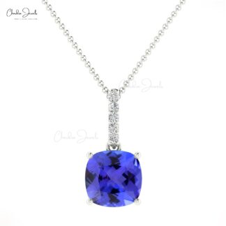 Beautiful Stylish Natural Blue Tanzanite Dangling Pendant Necklace For Women Round Cut White Diamond Pendant 14k Pure Gold Fine Jewelry For Gift