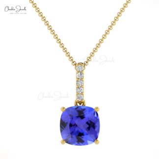Beautiful Stylish Natural Blue Tanzanite Dangling Pendant Necklace For Women Round Cut White Diamond Pendant 14k Pure Gold Fine Jewelry For Gift