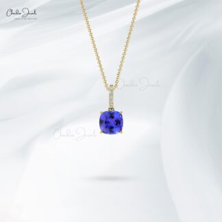 Beautiful Stylish Natural Blue Tanzanite Dangling Pendant Necklace For Women Round Cut White Diamond Pendant 14k Pure Gold Fine Jewelry For Gift