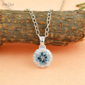 Solid 14k White Gold Halo Charm in 4mm Aquamarine And Diamond Pendant For Women