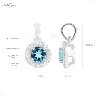 Solid 14k White Gold Halo Charm in 4mm Aquamarine And Diamond Pendant For Women