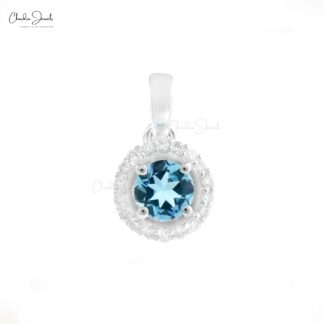 Solid 14k White Gold Halo Charm in 4mm Aquamarine And Diamond Pendant For Women