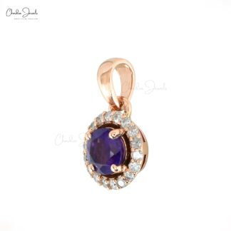 Halo Diamond Pendant in 14k Rose Gold With 4mm Round Amethyst Gemstone Pendants