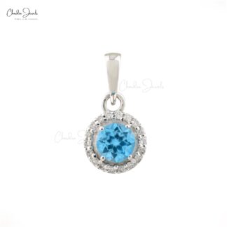 Halo Gemstone Pendant in 14k Yellow Gold Swiss Blue Topaz And Diamond Women Pendant