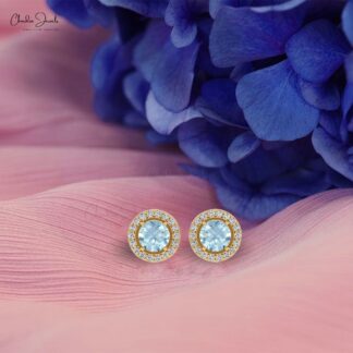 Minimalist Aquamarine & Round Diamond Halo Earrings in 14K Solid Gold