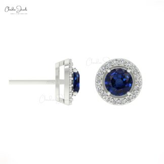 Iconic Blue Sapphire Diamond Earrings 0.46Ct Round Cut Genuine Gemstone Halo Studs 14k Real Gold Art Deco Jewelry For Anniversary Gift