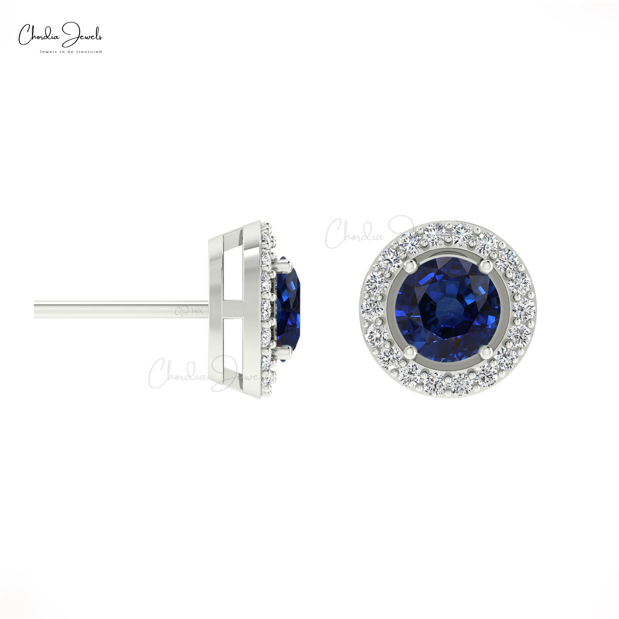 Iconic Blue Sapphire Diamond Earrings 0.46Ct Round Cut Genuine Gemstone Halo Studs 14k Real Gold Art Deco Jewelry For Anniversary Gift