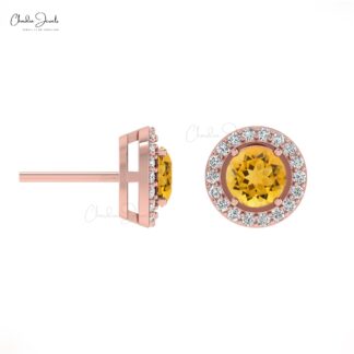 Yellow Citrine Dainty Halo Earrings 4mm Round Cut Gemstone Minimalist Earrings Genuine 14k Real Gold Diamond Hallmarked Jewelry For Women