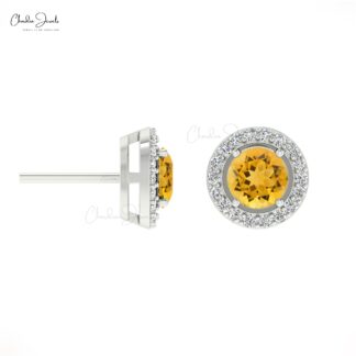 Yellow Citrine Dainty Halo Earrings 4mm Round Cut Gemstone Minimalist Earrings Genuine 14k Real Gold Diamond Hallmarked Jewelry For Women