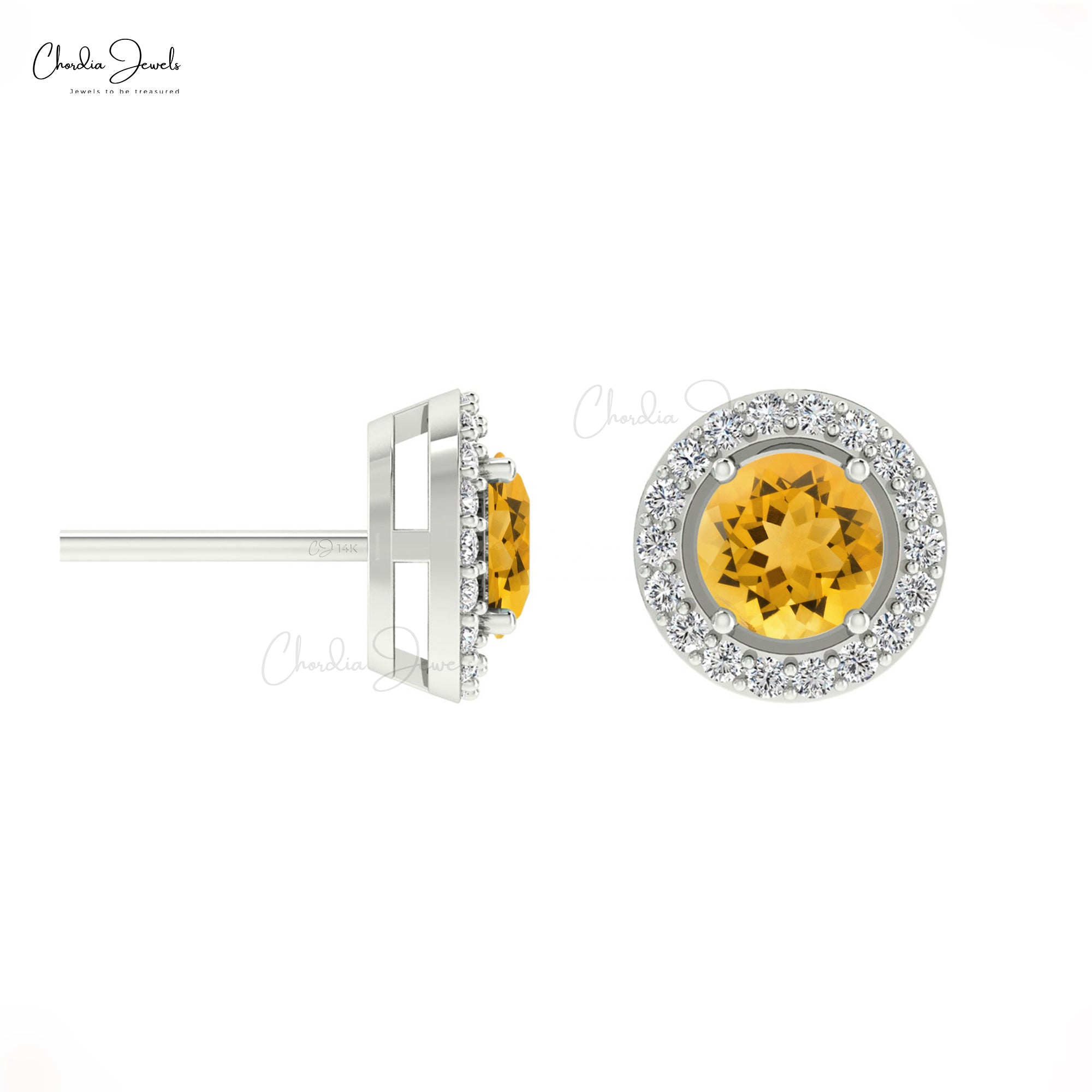 Yellow Citrine Dainty Halo Earrings 4mm Round Cut Gemstone Minimalist Earrings Genuine 14k Real Gold Diamond Hallmarked Jewelry For Women