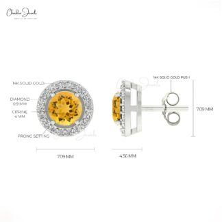 Yellow Citrine Dainty Halo Earrings 4mm Round Cut Gemstone Minimalist Earrings Genuine 14k Real Gold Diamond Hallmarked Jewelry For Women