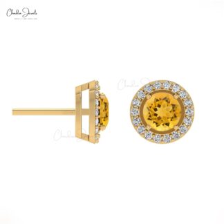 Yellow Citrine Dainty Halo Earrings 4mm Round Cut Gemstone Minimalist Earrings Genuine 14k Real Gold Diamond Hallmarked Jewelry For Women