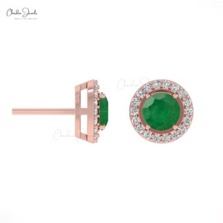 Genuine Emerald & Diamond Halo Earrings In 14k Solid Gold
