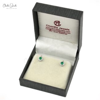 Natural Emerald Stud Earrings With Diamond Halo Solid 14k White Gold Dainty Earrings