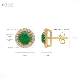 Genuine Emerald & Diamond Halo Earrings In 14k Solid Gold