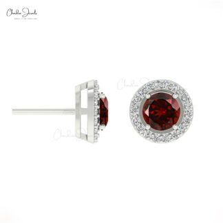 Genuine 14K Gold Garnet & Diamond Halo Earrings Fine Jewelry