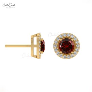 Genuine 14K Gold Garnet & Diamond Halo Earrings Fine Jewelry