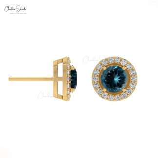 Solid 14k Gold Genuine London Blue Topaz Dainty Halo Earrings 0.11Ct Round Cut Certified Diamond Studs For Personalised Gift