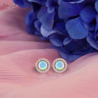 Authentic Opal & Round Diamond Halo Earrings In 14K Gold For Women