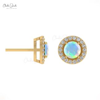 Authentic Opal & Round Diamond Halo Earrings In 14K Gold For Women