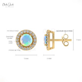 Authentic Opal & Round Diamond Halo Earrings In 14K Gold For Women