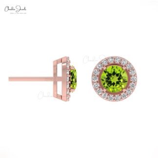 Green Peridot Halo Studs 14k Real Gold Diamond Handmade Earrings 4mm Brilliant Round Cut Natural Gemstone Jewelry For Birthday Gift