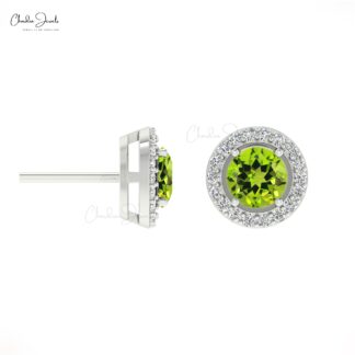 Green Peridot Halo Studs 14k Real Gold Diamond Handmade Earrings 4mm Brilliant Round Cut Natural Gemstone Jewelry For Birthday Gift