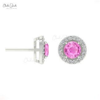 Natural Pink Sapphire Halo Earrings 14k Real Gold Diamond Prong Set Studs 4mm Round Cut Gemstone Vintage Fine Jewelry For Her