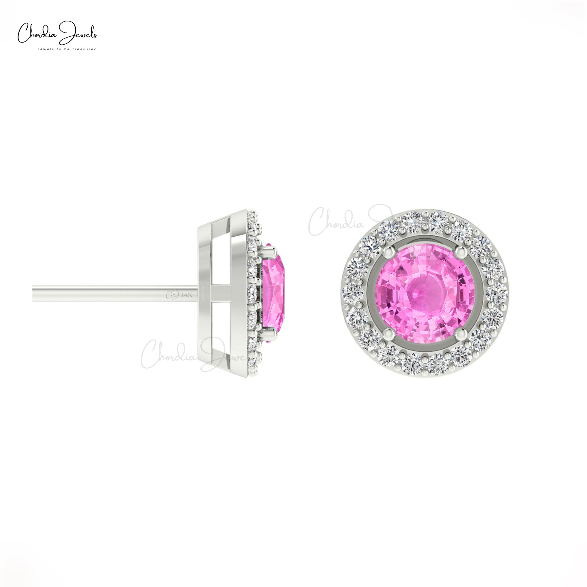 Natural Pink Sapphire Halo Earrings 14k Real Gold Diamond Prong Set Studs 4mm Round Cut Gemstone Vintage Fine Jewelry For Her