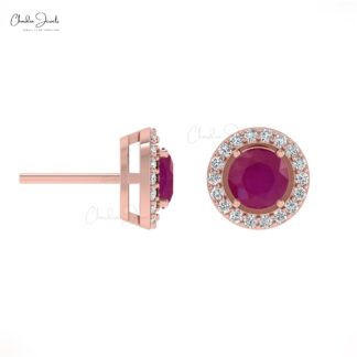 Solid 14k Gold Diamond And 5mm Round Burma Ruby Push Back Halo Stud Earrings
