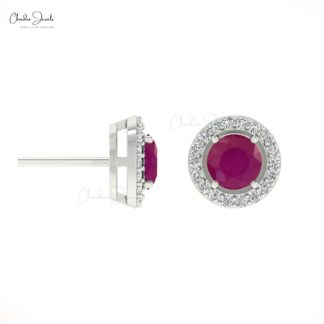 Solid 14k Gold Diamond And 5mm Round Burma Ruby Push Back Halo Stud Earrings