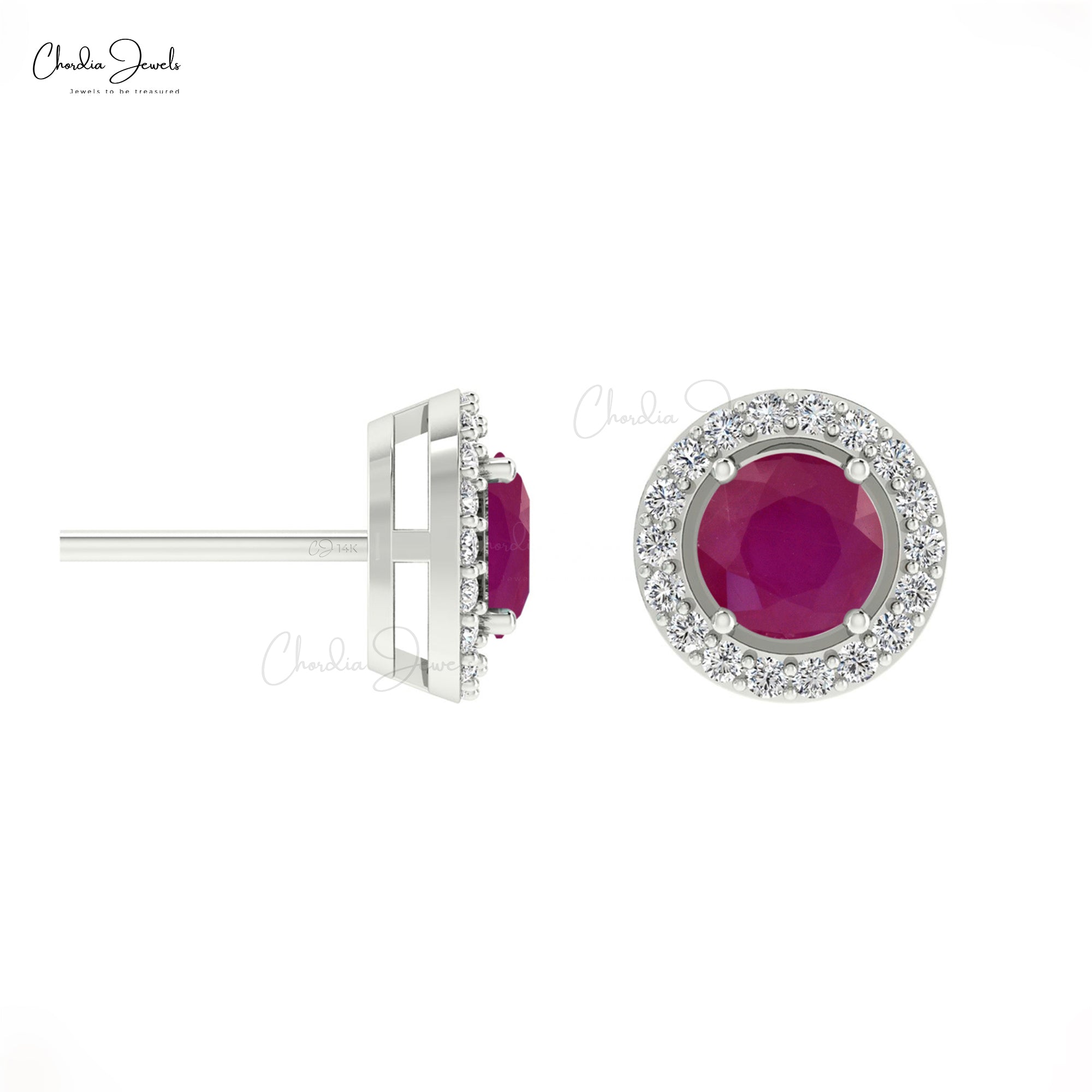 Solid 14k Gold Diamond And 5mm Round Burma Ruby Push Back Halo Stud Earrings